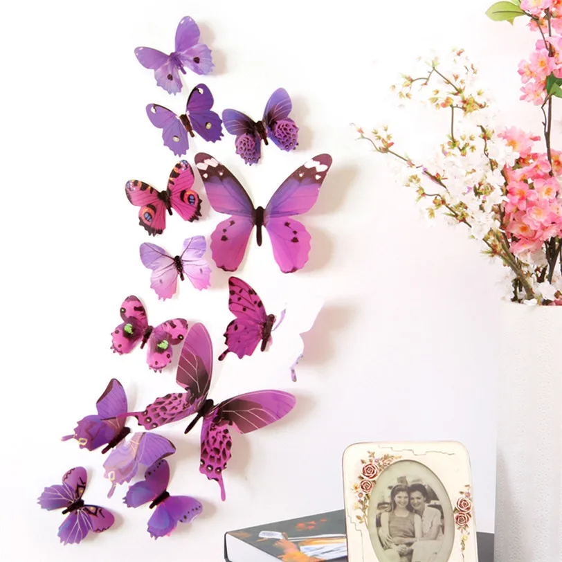 12 шт./партия Переводные картинки с бабочками 3d наклейки на стену домашний декор плакат для гостиной клей для украшения стен Adesivo De Parede - Цвет: Фиолетовый