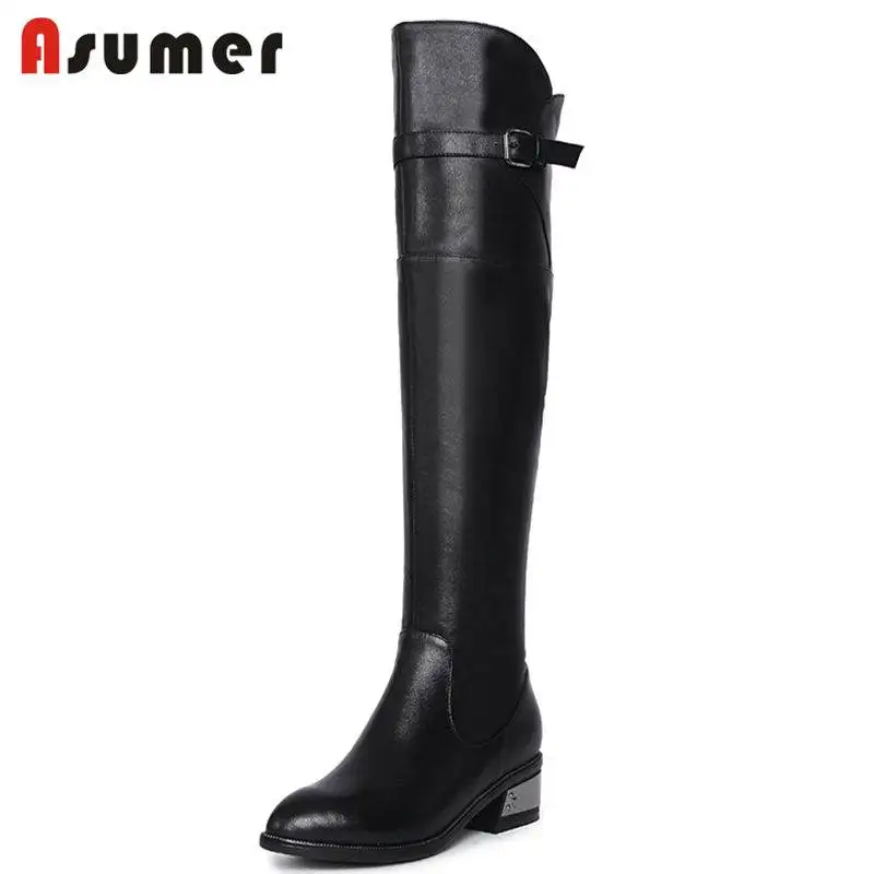 

ASUMER 2018 NEW fashion pointed toe over the knee boots for women zipper genuine leather boots thick med heels winter boots
