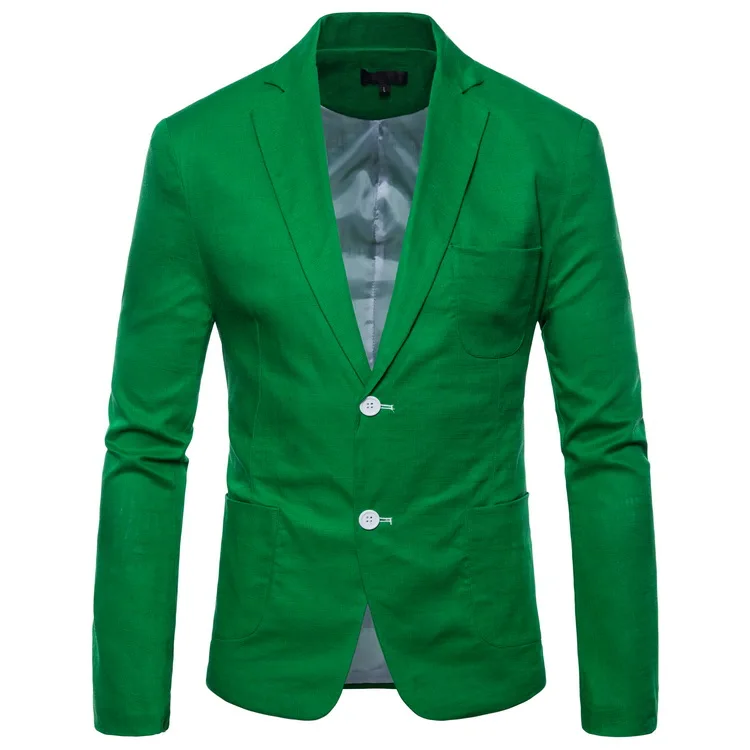 Карамельный цвет дышащий тонкий летний пиджак мужской льняной Блейзер Повседневный приталенный зеленый оранжевый синий черный белый - Цвет: Зеленый