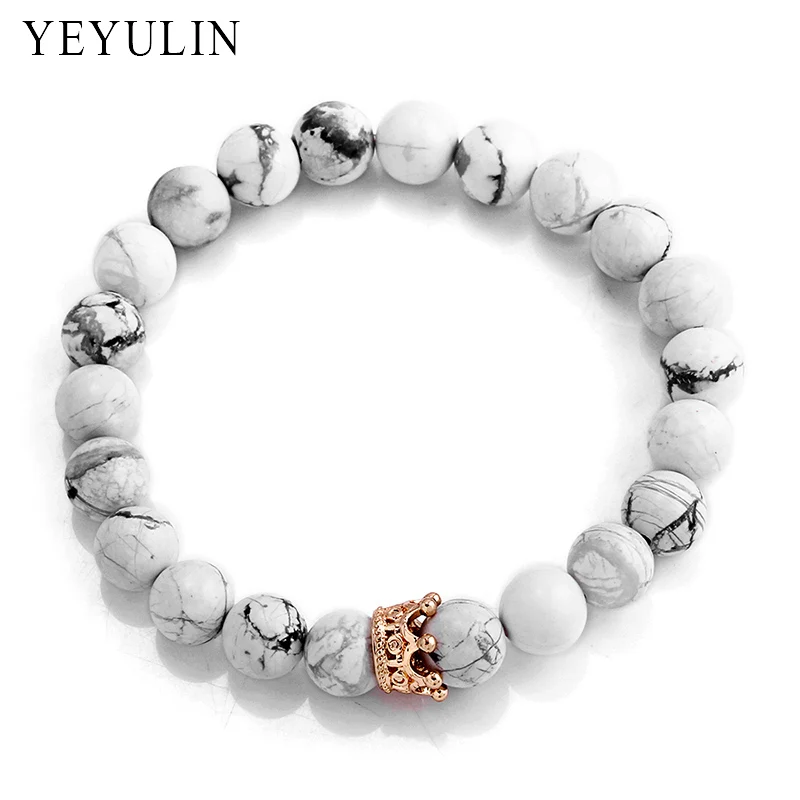 Trendy Black White Stone Beads with Gold Color Silver Color Alloy Crown Bracelet For Women Men Couple Bangles Jewelry