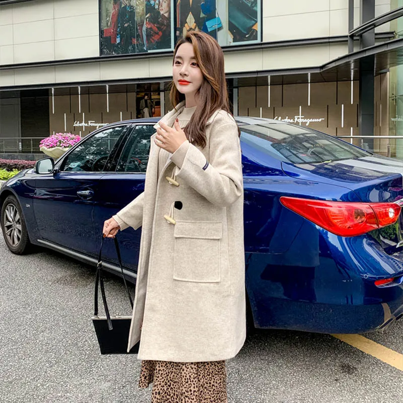 OLN 2019 New Fashionable Ox Horn Buckle Pure Color Long Style Woolen Coats Temperament Female High Quality Thick Overcoat 1698