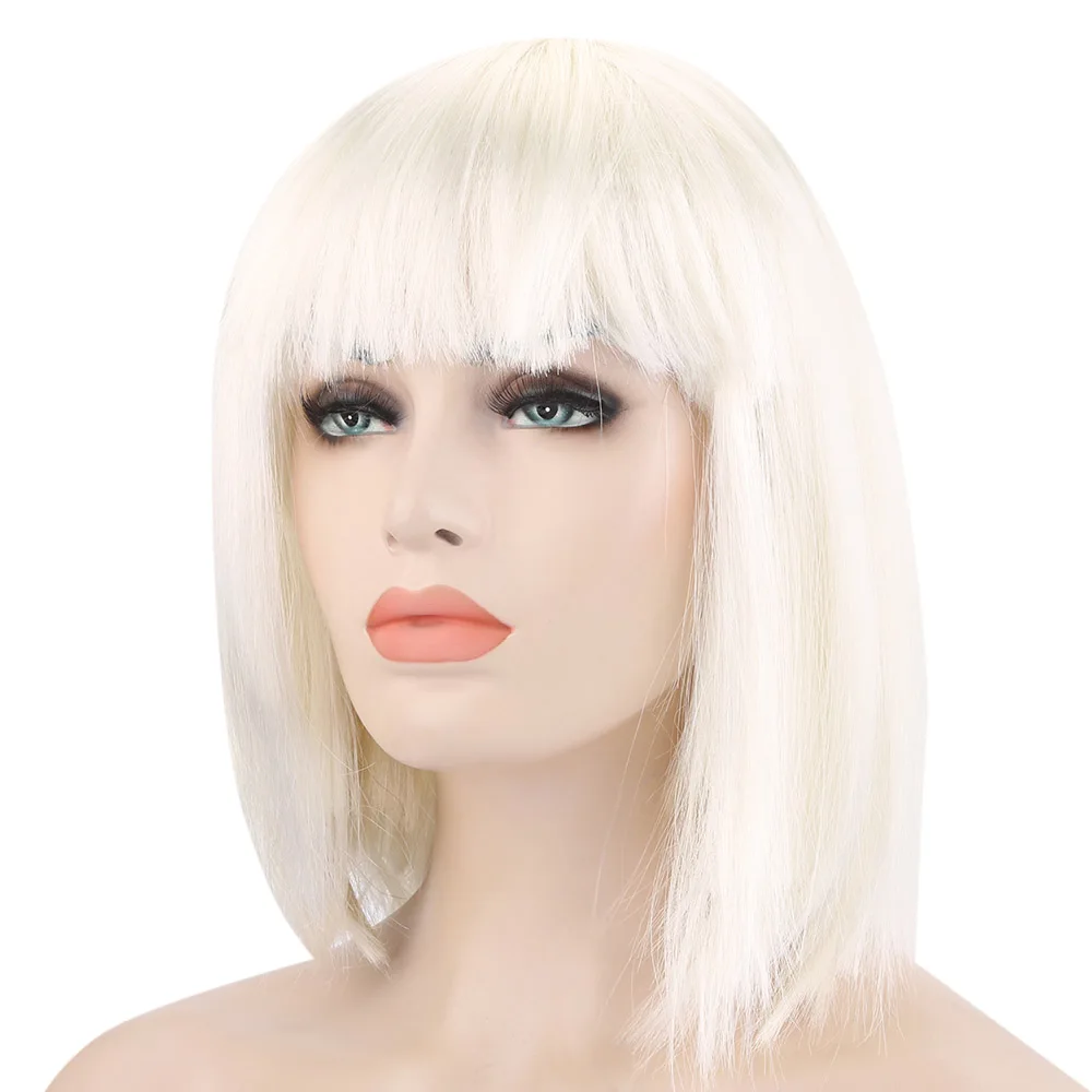 

Ladies Candy Color Wigs straight Party Short Bob Wigs Cap with Flat Bangs Synthetic Daily Party Wig Natural As Hair Free Wig