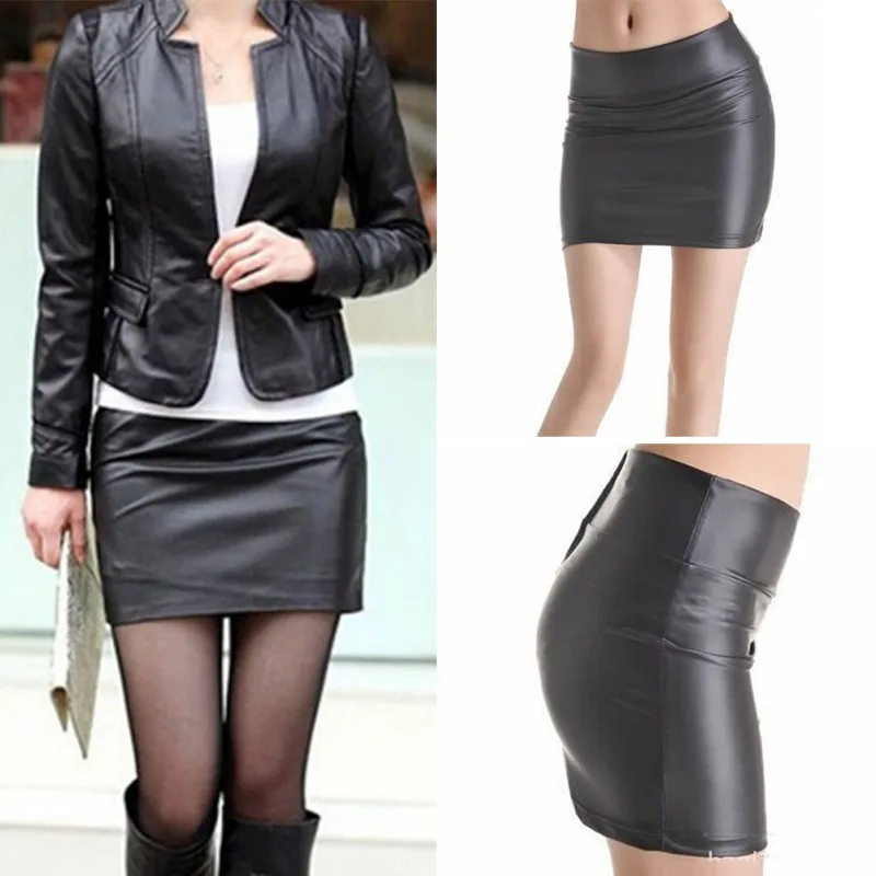 Women Sexy Bodycon Mini Skirt Faux Leather Zip High Waist Mini Short Skirt S-3XL