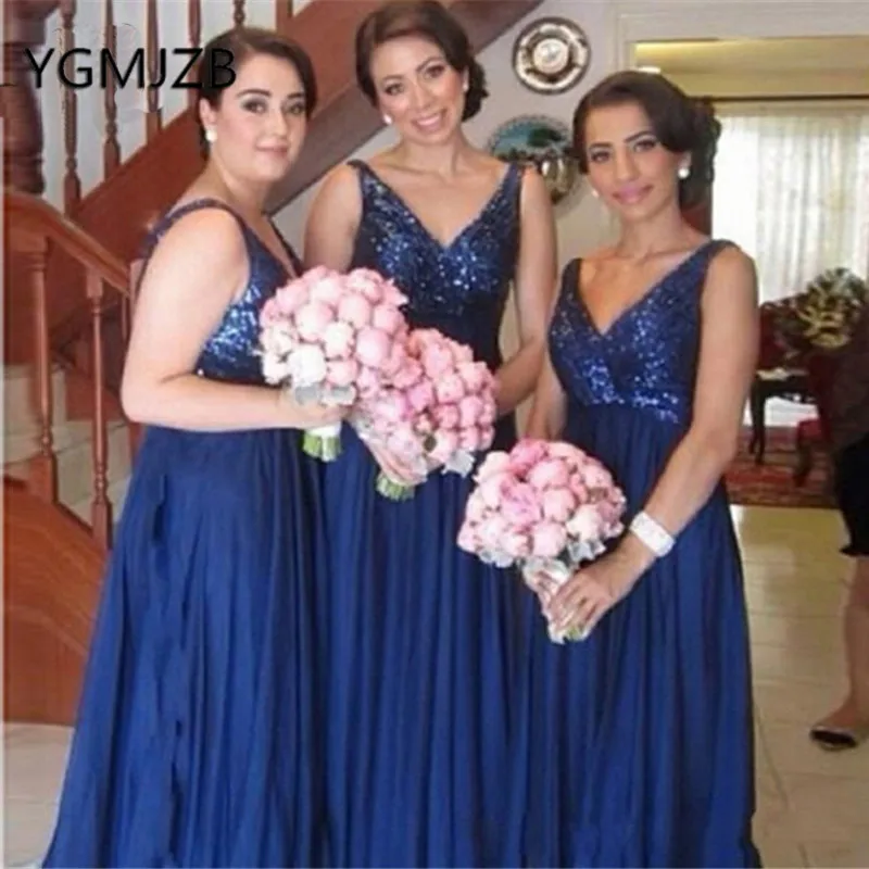 Со сверкающими блестками Королевский синий Длинные свадебные платья 2019 A-Line v-образным вырезом Для женщин Формальные Свадебная вечеринка