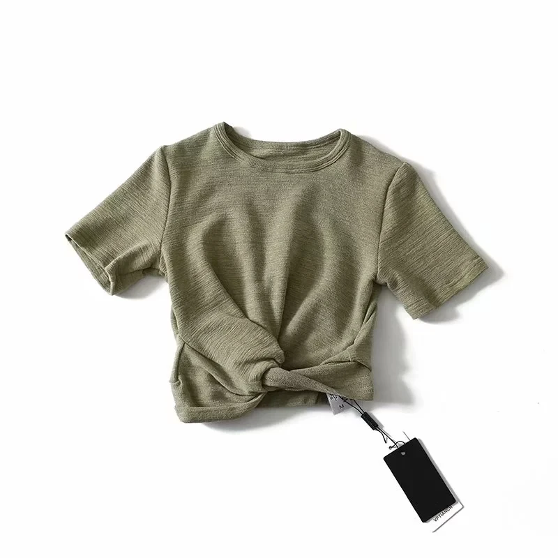 Летний женский короткий топ с круглым вырезом, высокое качество, трикотажная футболка с узлом, Повседневная облегающая футболка с коротким рукавом, одноцветные топы, женская футболка - Цвет: Army green