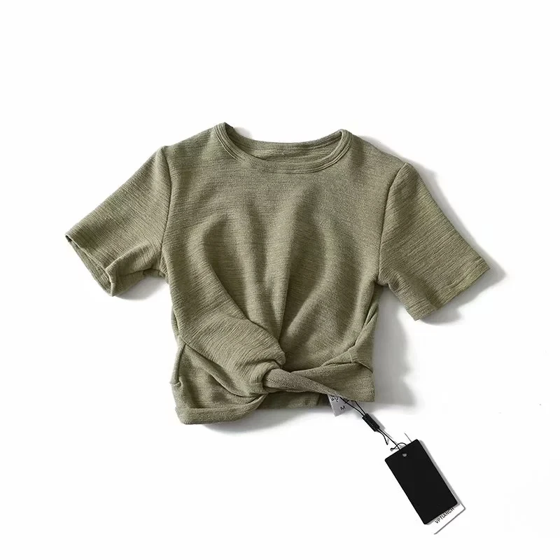 Army green Летний женский короткий топ с круглым вырезом, высокое качество, трикотажная футболка с узлом, Повседневная облегающая футболка с коротким рукавом, одноцветные топы, женская футболка - Цвет: Army green