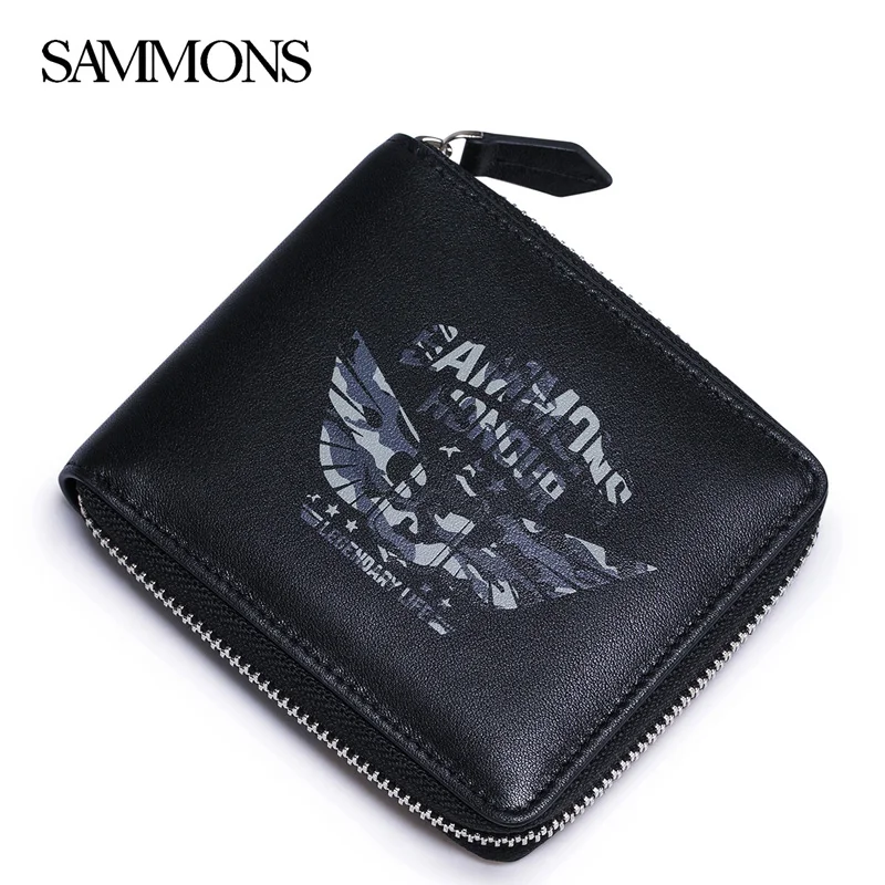 

SAMMONS Men's Genuine Leather Wallets Man Fashion Zipper Printed Purse Male Leisure Coin Short Wallet Gift Box Packing 350235