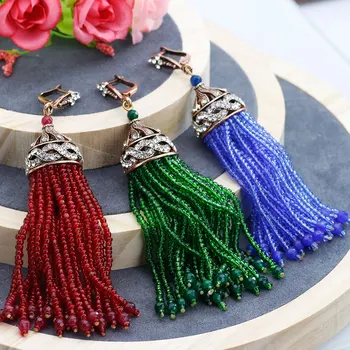 

Indian Ethnic Long Hook Beads Drop Earring For Women Morocco Handemade Natural Stone Tassels Dangle Earring Red Wedding Jewelry
