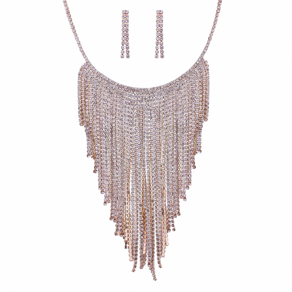 

Moonso Stylish luxury and exaggerated brand quality metallic tassel necklace earrings J4540