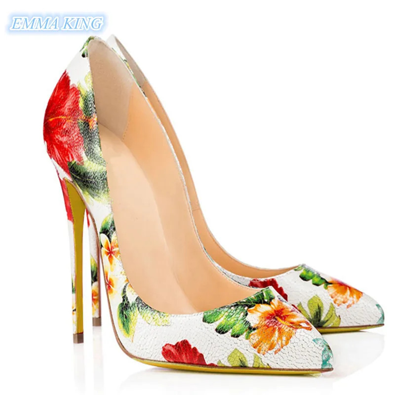 

Flower Prints Design Women Pointed Toe High Heels Pumps Shallow Slip-On Style Fashion Ladies Party Shoes Stilettos Spring Pumps