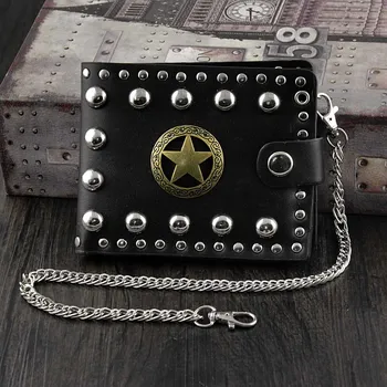 

Men Boys Punk Studded Card Holder Leather Wallet with safe chain