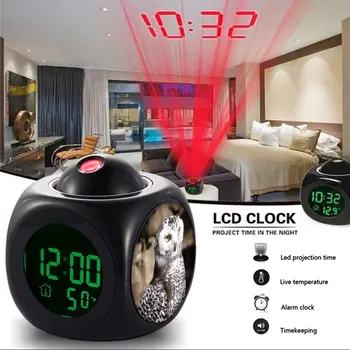 

LCD Projected alarm clock despertador digital led projection table clock Talking Voice Prompt Thermometer Snooze nixie wekker