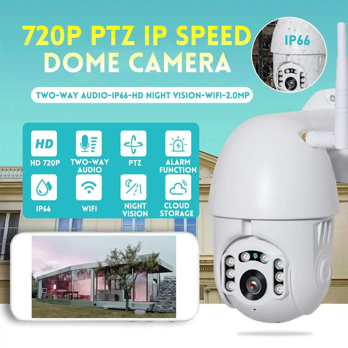 

New PTZ IP Outdoor Speed Dome Camera 720P 2.0MP IP66 Wireless WIFI Night Vision CCTV Security Camera Two-way Audio Home Security