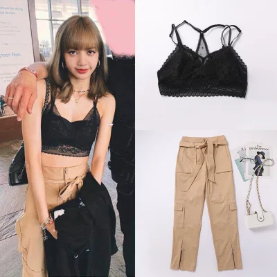 kpop Blackpink LISA the same summer Lace khaki high waist casual overalls pants women korean streetwear trousers female clothes kpop Blackpink LISA the same summer Lace khaki high waist casual overalls pants women korean streetwear trousers female clothes