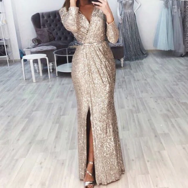 Missord 2019 Sexy V шеи с длинным рукавом блестящие Разделение платья женские элегантные вечерние клубная одежда макси элегантное платье VestdiosFT18776