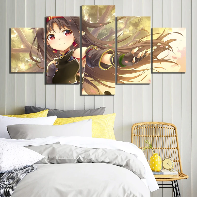 Waliicorners 5 Piece HD Anime Girl Picture Konno Yuuki Sword Art Online Anime Poster Cartoon Wall Sticker Canvas Paintings for Wall Decor 5