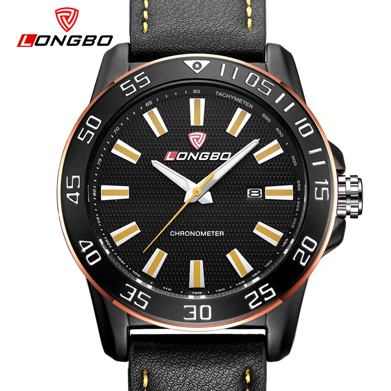 

LONGBO Luxury Leather Strap Brand Watches Sports Men Water Resistant Business Watch Male Big Size Auto Date Army watches 80199