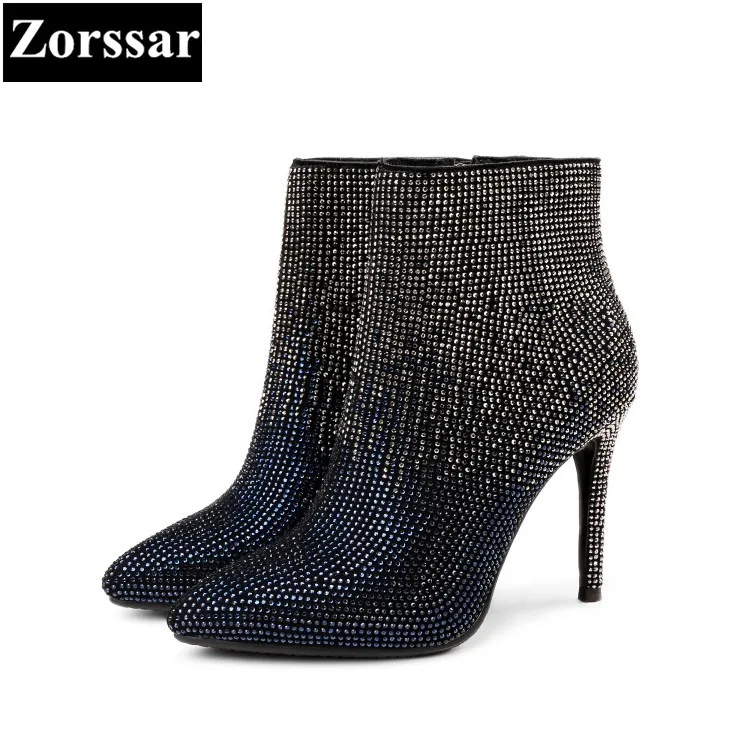 

{Zorssar} 2017 new winter ladies shoes pointed Toe thin heels platform ankle boots High heels Fashion crystal womens Riding boot