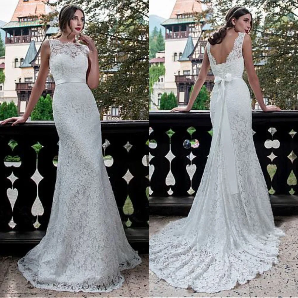 

Amazing Lace Bateau Neckline Mermaid Wedding Dresses With Belt Bridal Gowns Lace up Back Vestidos de novia 2019 New
