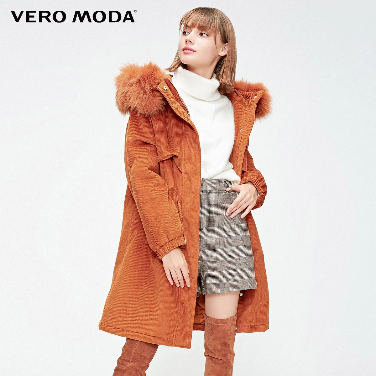 Vero Moda Новинка куртка женская зимняя съемный воротник из лисьего меха Вельветовая верхняя одежда оверсайз подкладка парка пальто | 318422508