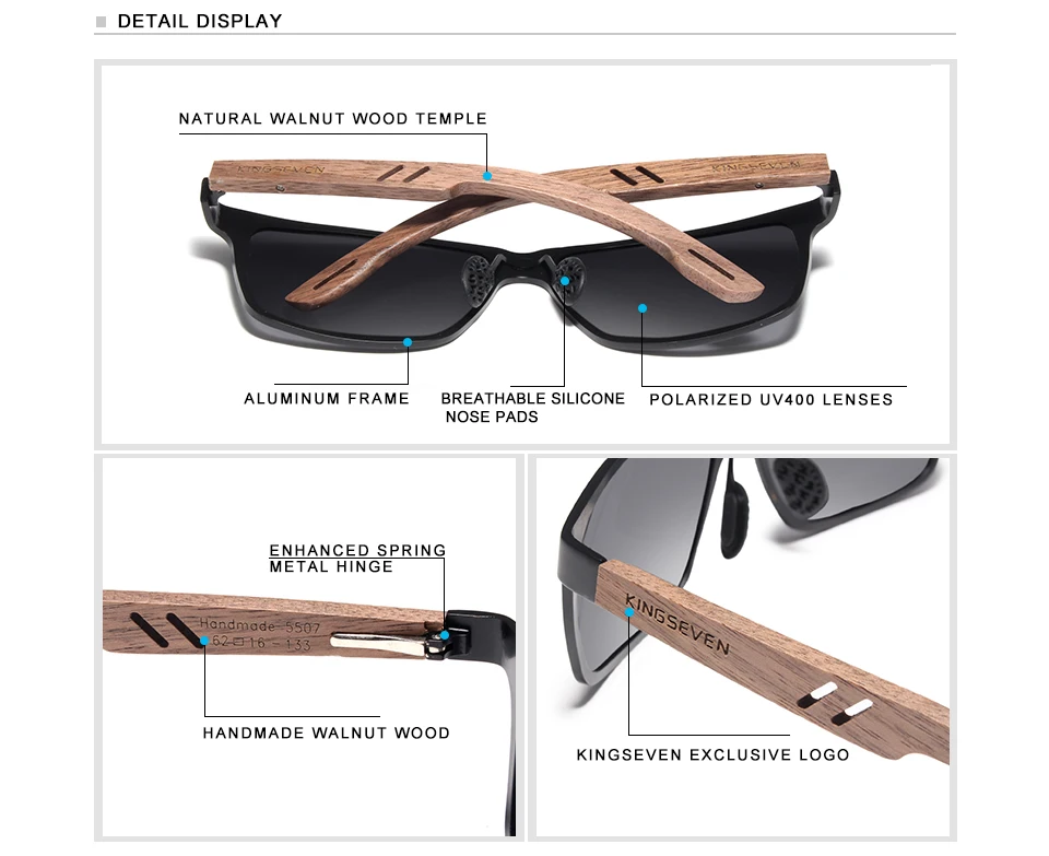 KINGSEVEN New Aluminum Handmade Women's Wooden Sunglasses