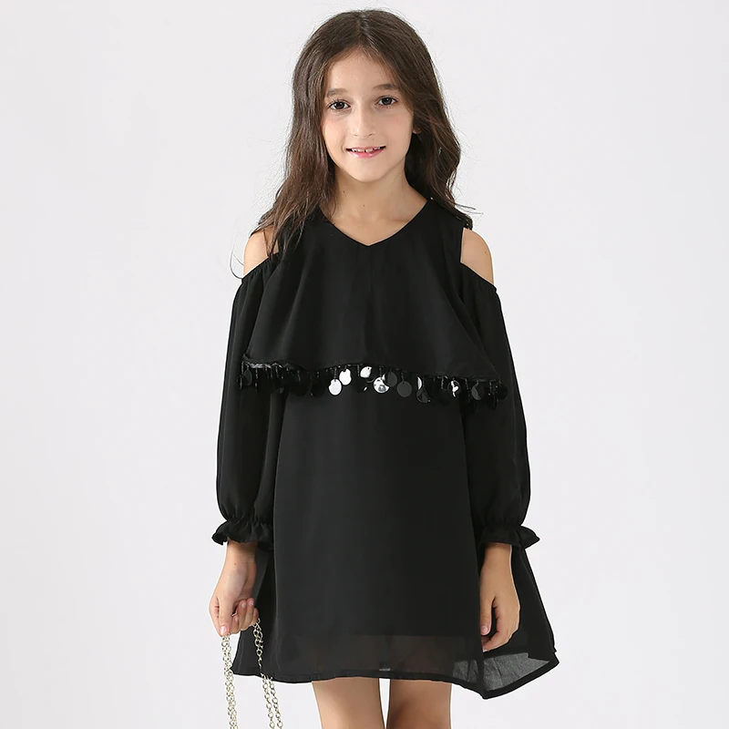 Princess Dress for Kids Girls Off shoulder Sequins Black Dress for