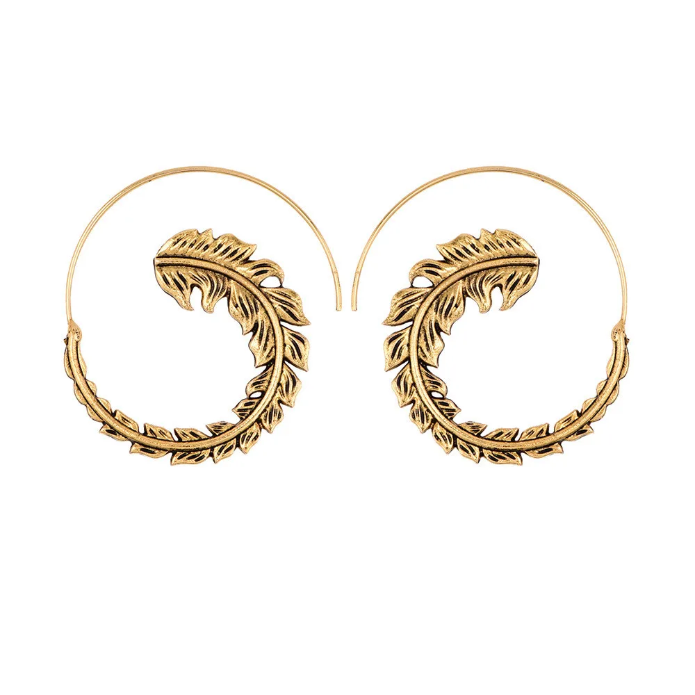 MLING винтажные золотые серебряные круглые Спиральные серьги новые перо Дерево Висячие серьги для женщин