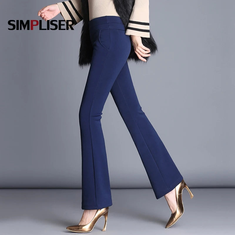 Высокая талия стрейч женские бархатные широкие брюки женские теплые длинные брюки зимние черные синие расклешенные брюки офисные рабочие брюки