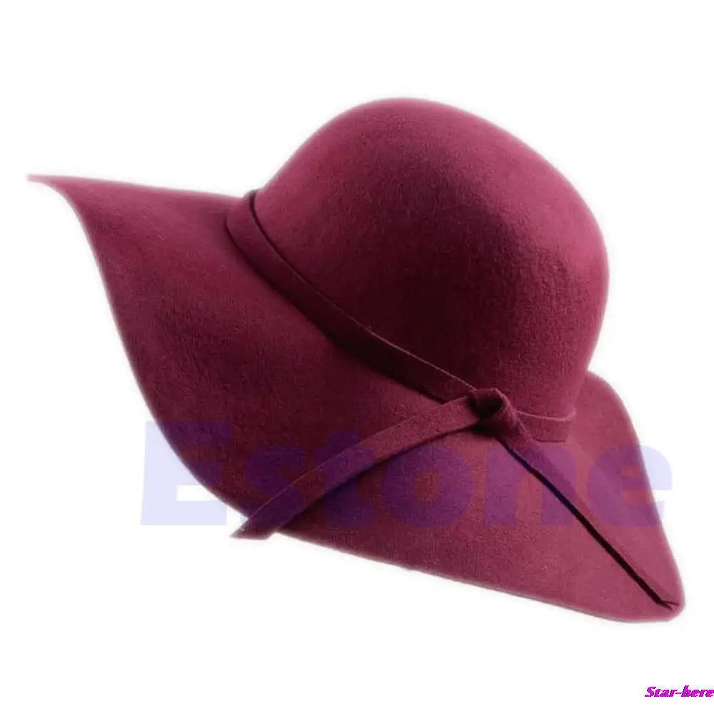 Винтажная женская шляпа с широкими полями из шерсти, фетровая шляпа-котелок, флоппи-шляпа, Прямая поставка - Цвет: wine red