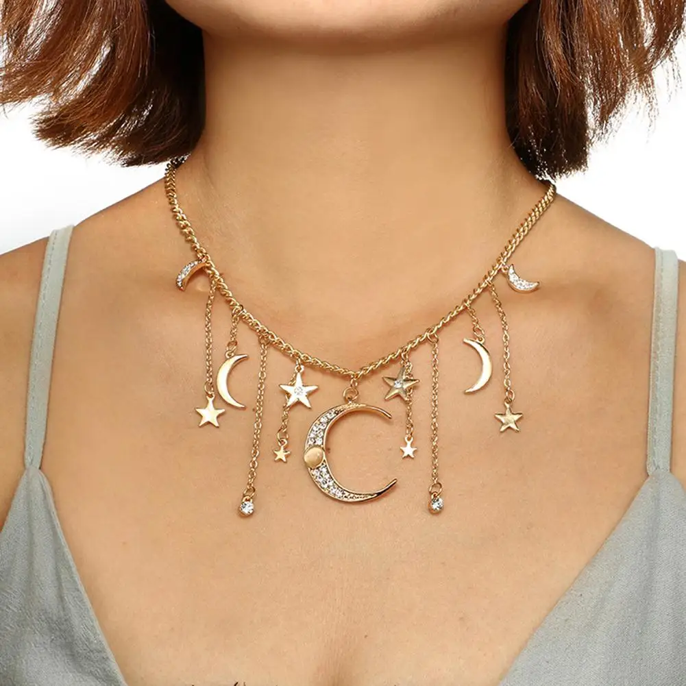 

Boho Women Shiny Rhinestone Star Moon Tassel Charm Pendant Collar Necklace Gift