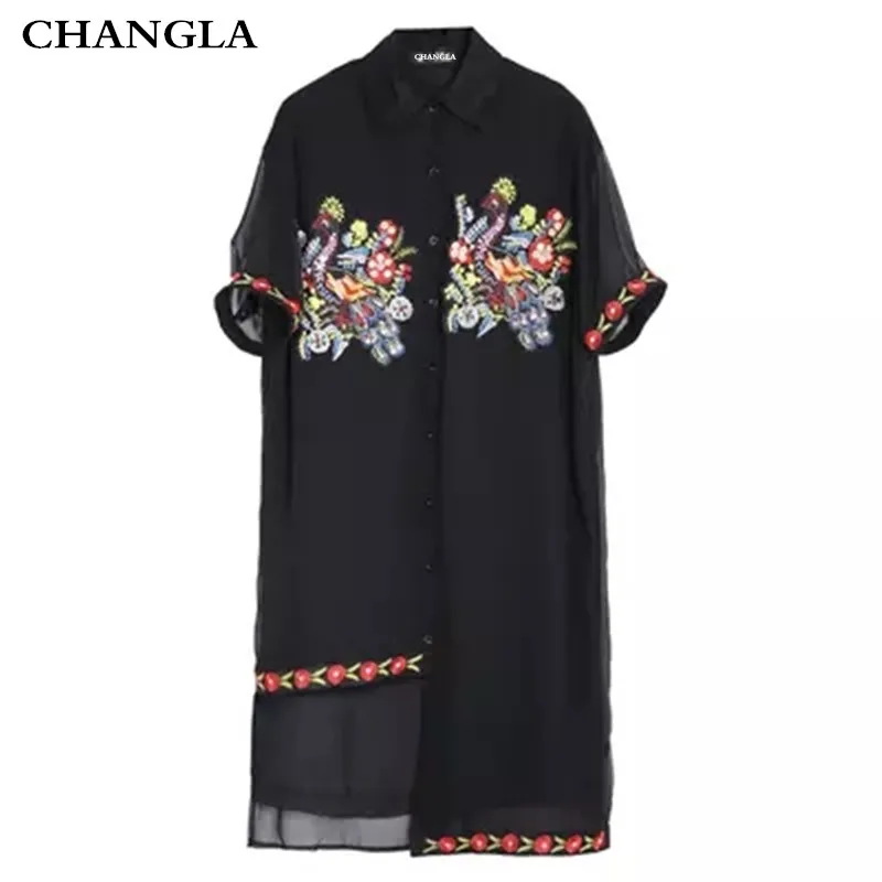 CHANGLA vestidos verano 2017 Лето Женщины Вышивка Цветочные Рубашка До Колен Платья С