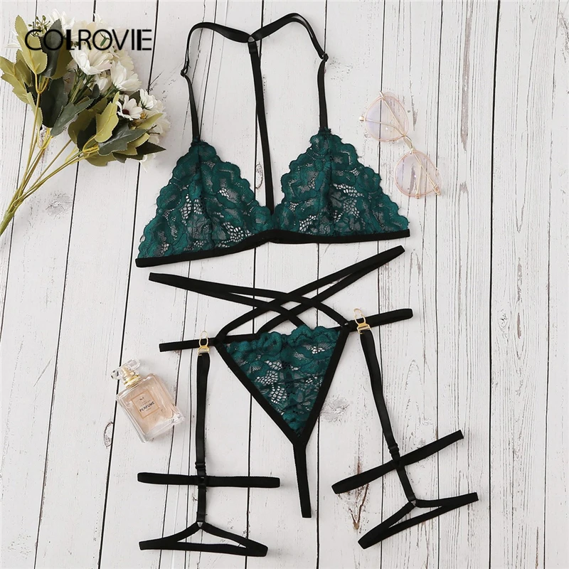COLROVIE Green Harness Garter Lace Sexy Intimates Women Lingerie Set Transparent Underwear Hot Bra Set Ladies Bra and Panties