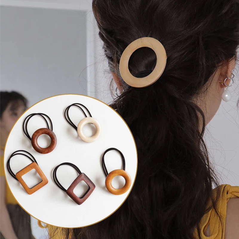 

hot Korean fashion wood hair rope geometric round elastic hair accessories Popular personality ponytail rubber rope girls gifts