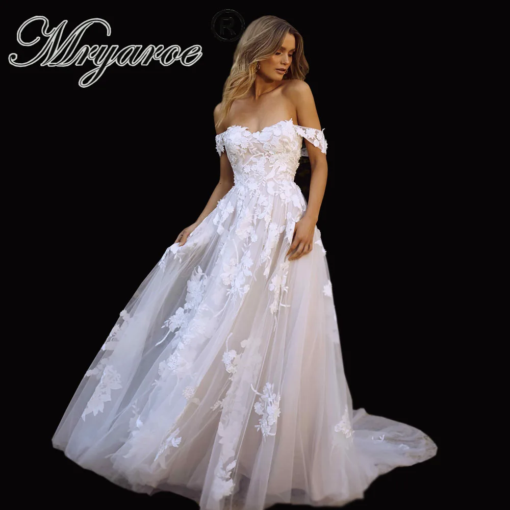 

Mryarce New Elegant Off the Shoulder Wedding Dress Glamours Lace Appliqued A Line Princess Bridal Gowns