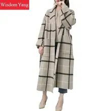 Зимнее пальто из овечьей шерсти и флиса, клетчатое Женское пальто с длинным рукавом, Офисная Женская шерстяная верхняя одежда, шерстяное пальто свободного кроя