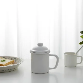 

Japanese style thickening porcelain enamel white cup milk office mug cup with lid water cup Nordic style instant noodles pot