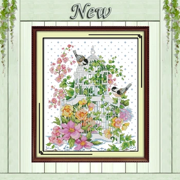 

Caged birds flowers decor painting animal Counted Print on canvas DMC 14CT 11CT DIY Cross Stitch Needlework Kits Embroidery Sets