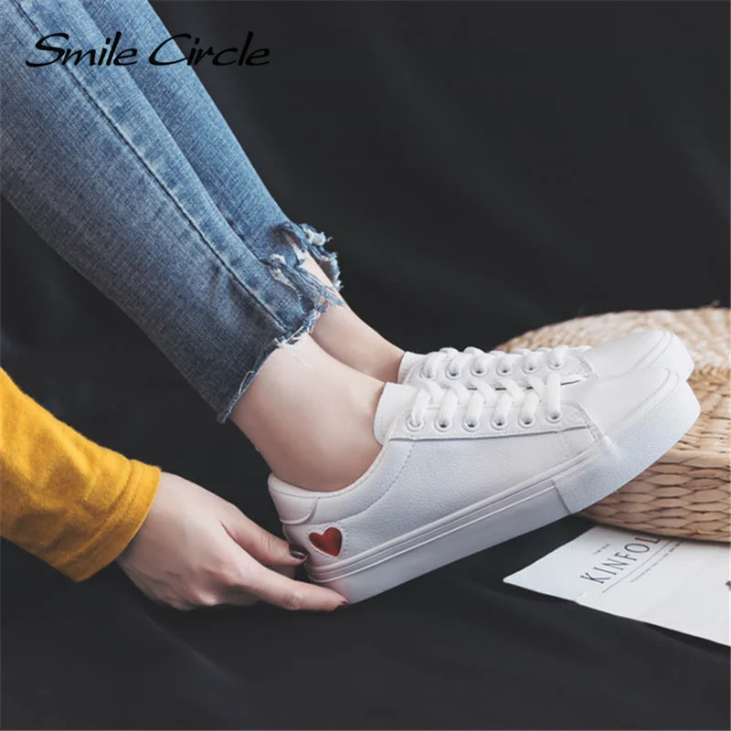 Smile Circle/ г. Весенне-летние белые кроссовки, Женская Ультрамягкая повседневная обувь на шнуровке женская обувь на плоской платформе обувь для девушек A58101 - Цвет: White2