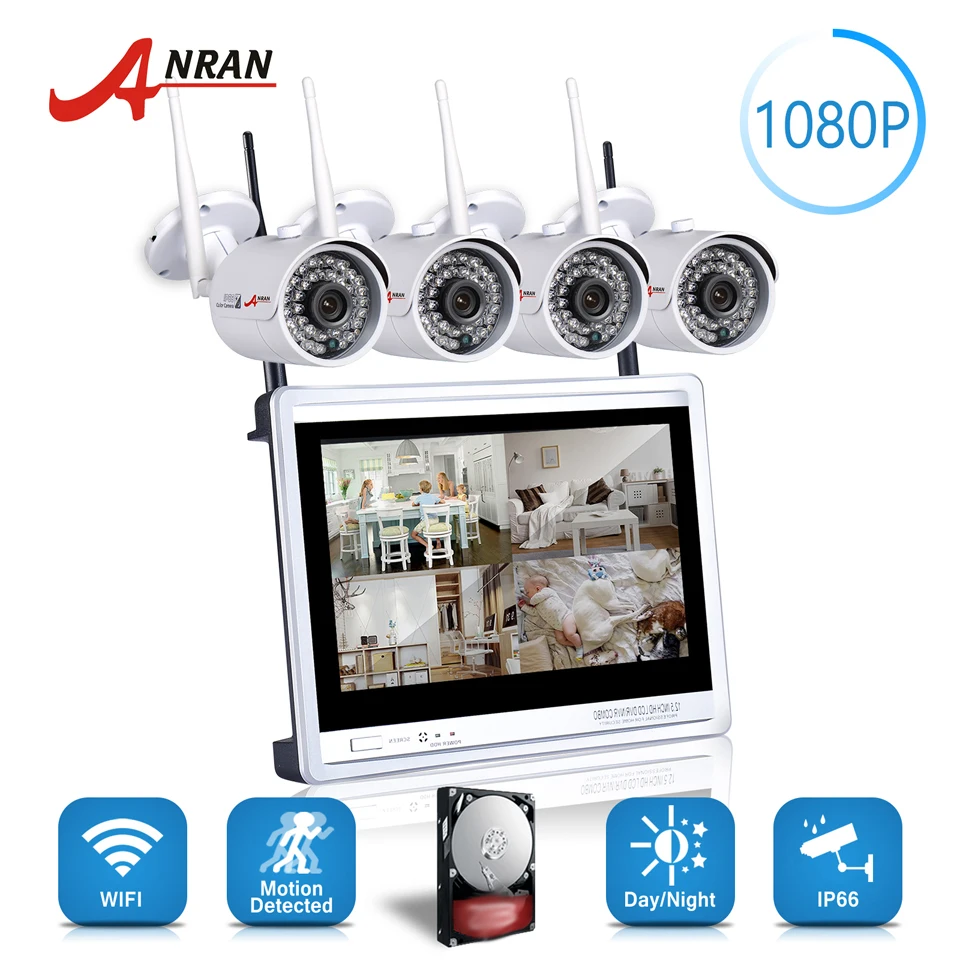 ANRAN P2P 4CH 1080P 12'LCD Monitor WIFI NVR 36IR Waterproof Network Wireless IP Camera Security Surveillance CCTV System 2TB HDD