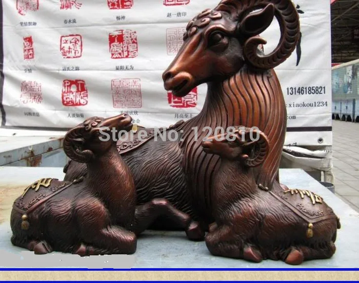 

China Folk Pure Bronze Copper Carved lovely Lucky mother Three goat Sheep Statue