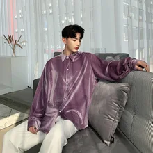 Мужская бархатная блестящая Свободная рубашка с длинным рукавом, Мужская Уличная Хип-хоп розовая черная Повседневная рубашка, одежда для сценического шоу