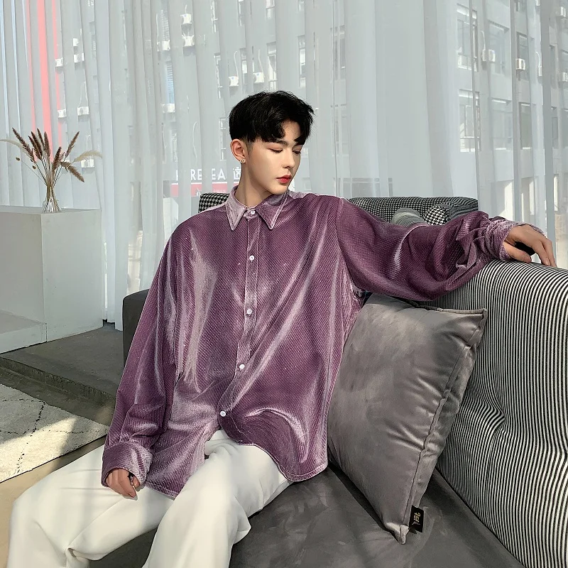 

Men Velvet Shiny Loose Long Sleeve Shirt Male Streetwear Hip Hop Pink Black Casual Shirt Stage Show Clothing