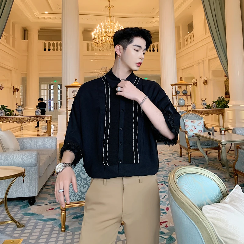 Summer Loose Casual Black White Shirt Male Streetwear Hip Hop Party Dress Shirt Stage Show Costumes Fivepence Sleeve Shirt