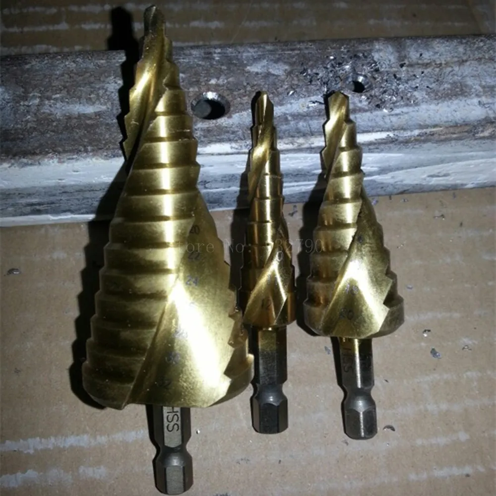 

3pcs Hss Step Cone Drill Titanium Coated Hole Cutter Bit Drill Bit Step Cutter Cone Hole 4-12,4-20,4-32mm Spiral Flute 1/4" Hex