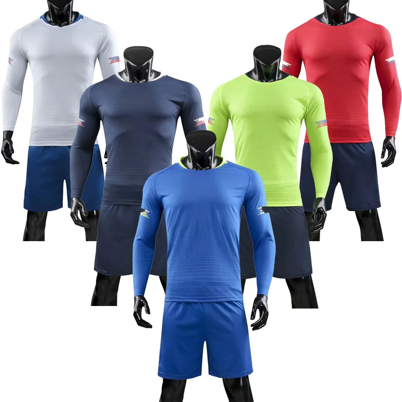 Men's blank long sleeve soccer jerseys men 5 colors football jerseys and shorts adult plain soccer sets customize any logos