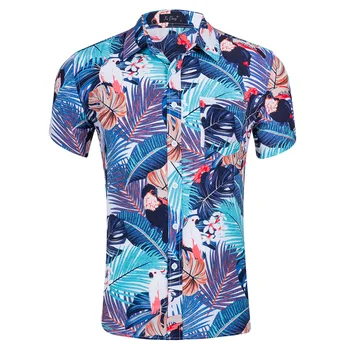 

Large size beach clothing short sleeve printed Tencel cotton men's shirt GD024
