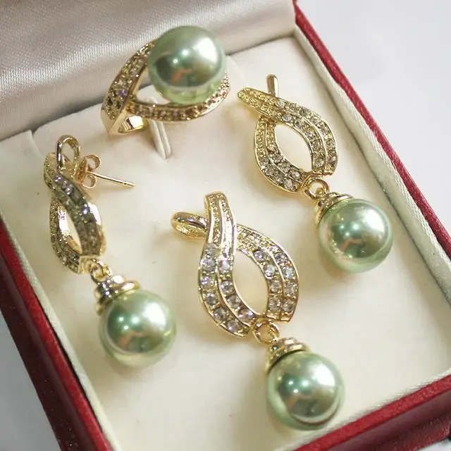 

Hot sell free shipping ~~ Hot! perfect match new jewelry 18KGP + 12mm green shell pearl pendant, earring, , ring set