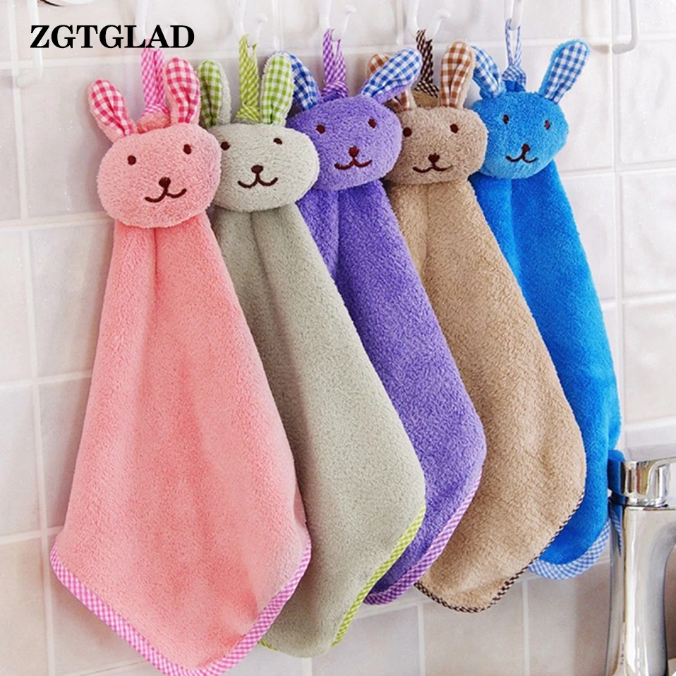 ZGTGLAD 1Pc Cartoon Hand Towel Animal Rabbit Plush Kitchen Soft Hanging