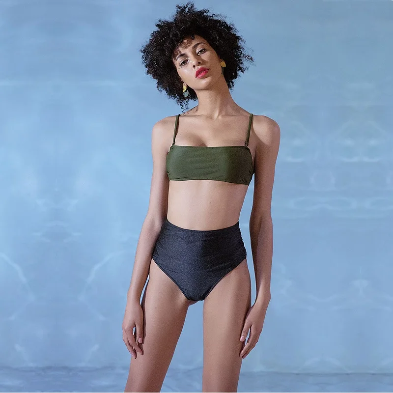 

2019 New High Waist Bikini Set Solid Swimsuit Female Sexi Button Chest Bikinis Women Brazilian Bathing Suits 2 Pieces Swimwear