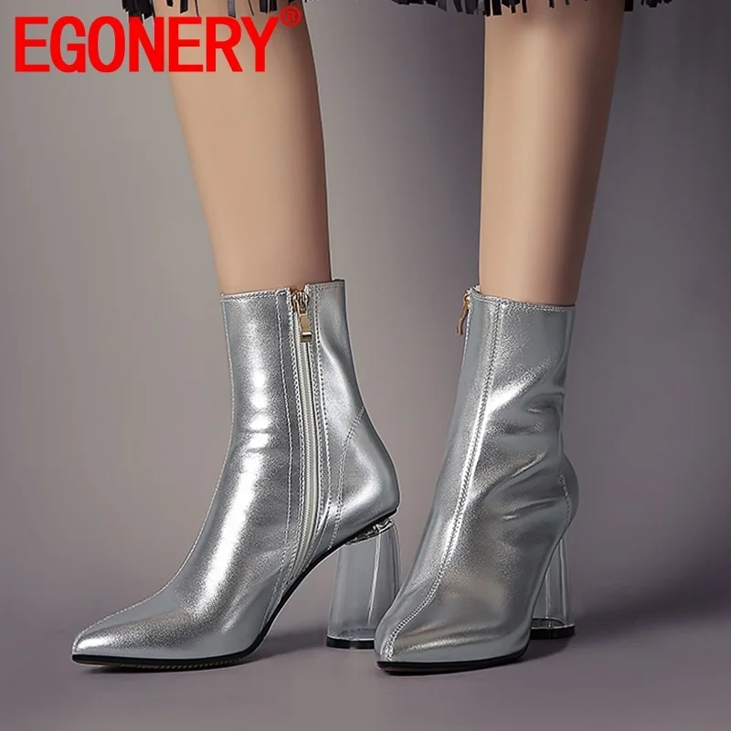 

EGONERY woman shoes 2019 spring newest fashion sexy pointed toe genuine leather ankle boots outside super high heels zip shoes